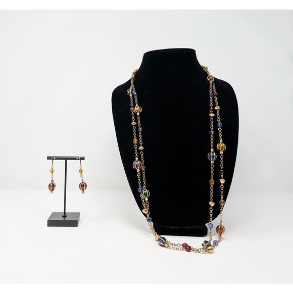 Linea Louis Dell'Olio Gold Tone Colorful Beads Long Necklace Dangle Earrings Set - Picture 1 of 13